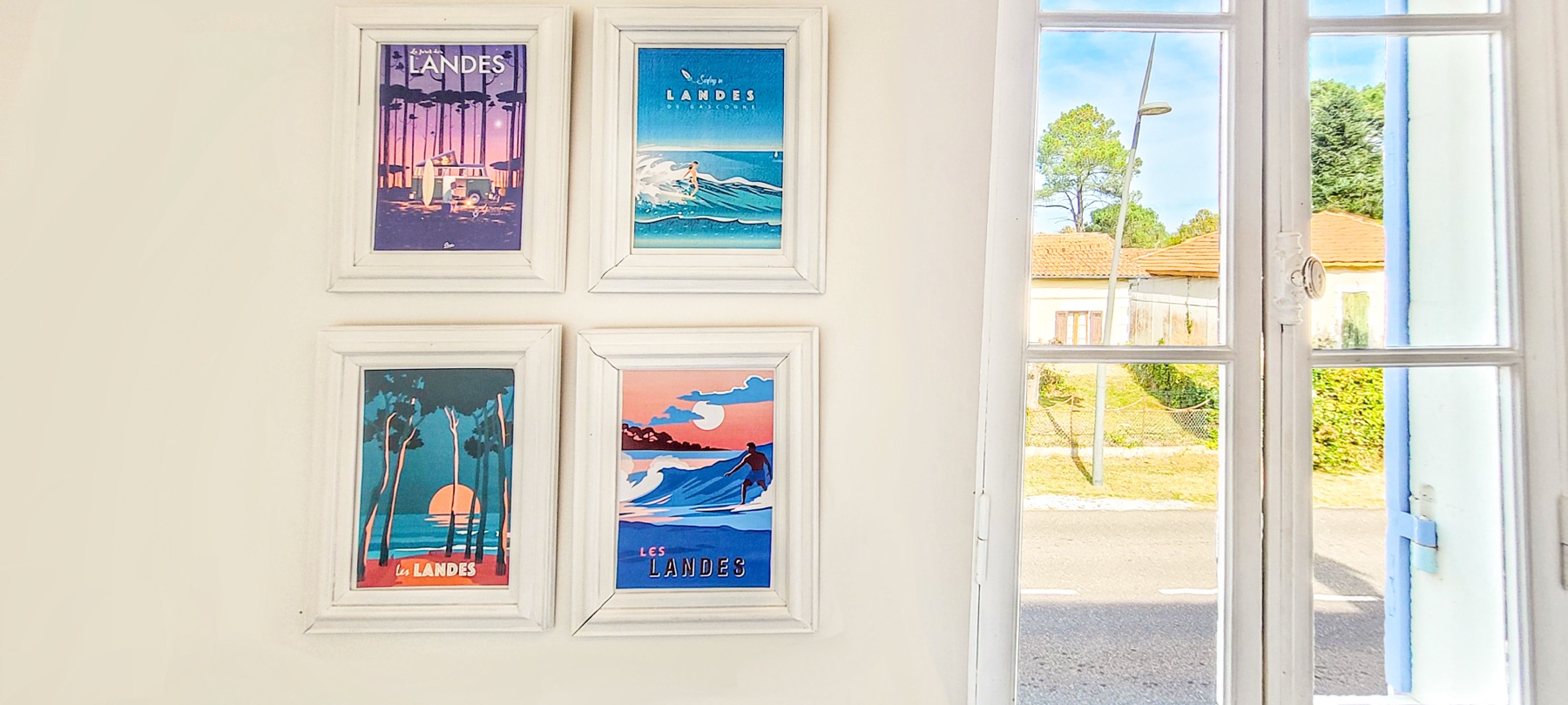 Décoration quatre affiches Landes surf vintage encadrées